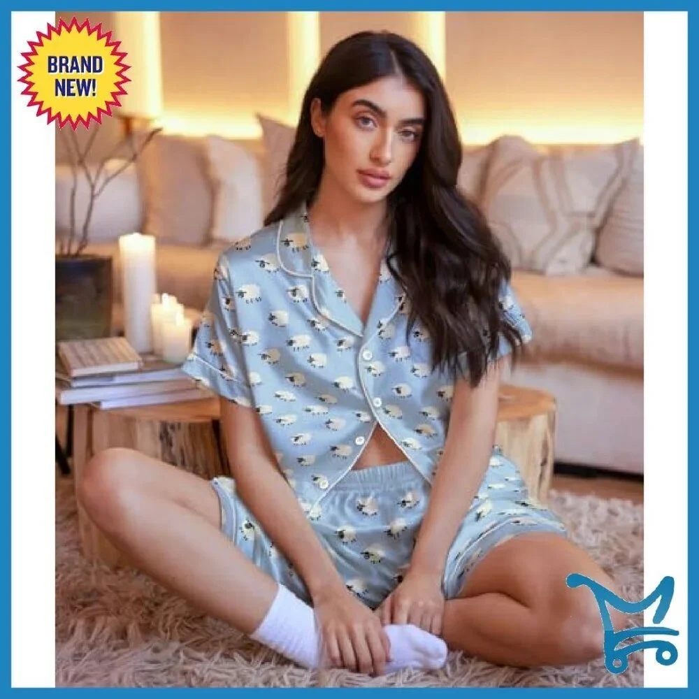 Women's Silk Satin Pajama Set Short Sleeve Button Down 2 Piece PJs Cozy